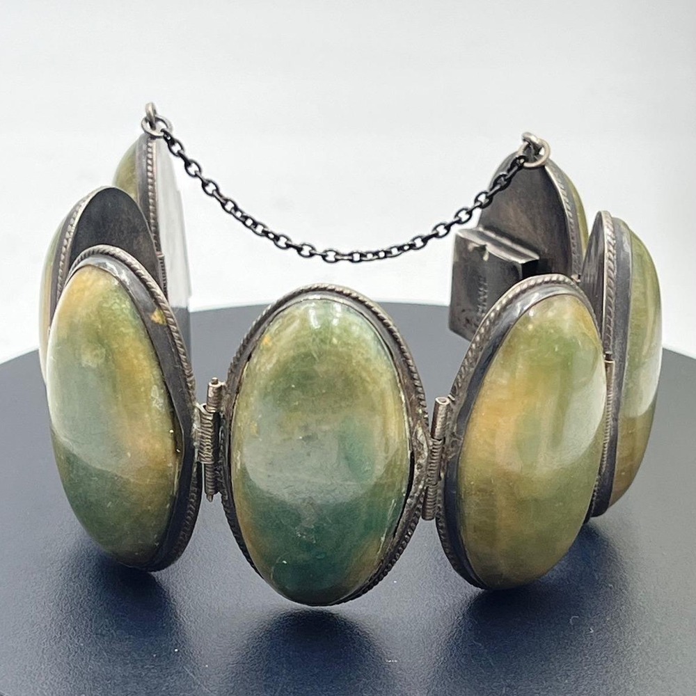 Vintage Mexico Silver Serpentine Cabochon Domed Safety Chain Bracelet 125 gm